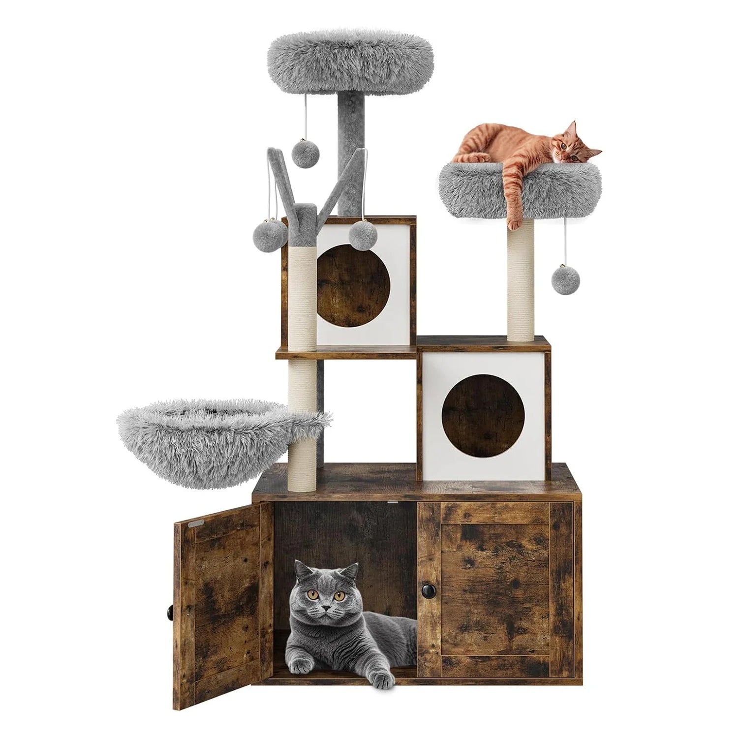 Litter Box Enclosure with Cat Tree Tower and Condo,Hidden Cat Washroom Furniture with Sisal Scratching Post & Soft Plush Perch