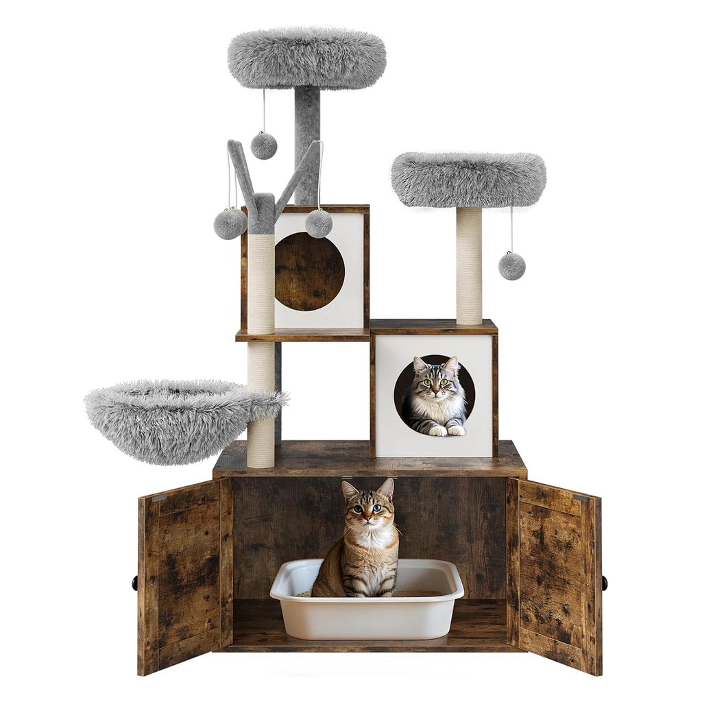 Litter Box Enclosure with Cat Tree Tower and Condo,Hidden Cat Washroom Furniture with Sisal Scratching Post & Soft Plush Perch
