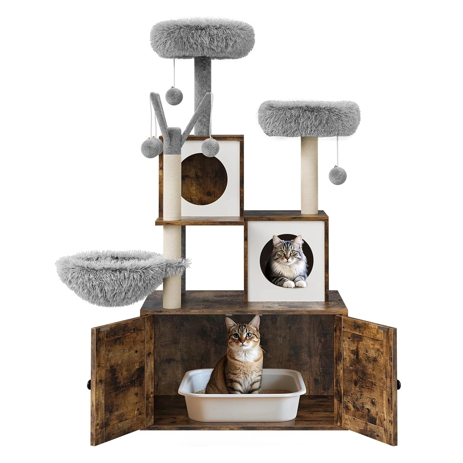 Litter Box Enclosure with Cat Tree Tower and Condo,Hidden Cat Washroom Furniture with Sisal Scratching Post & Soft Plush Perch