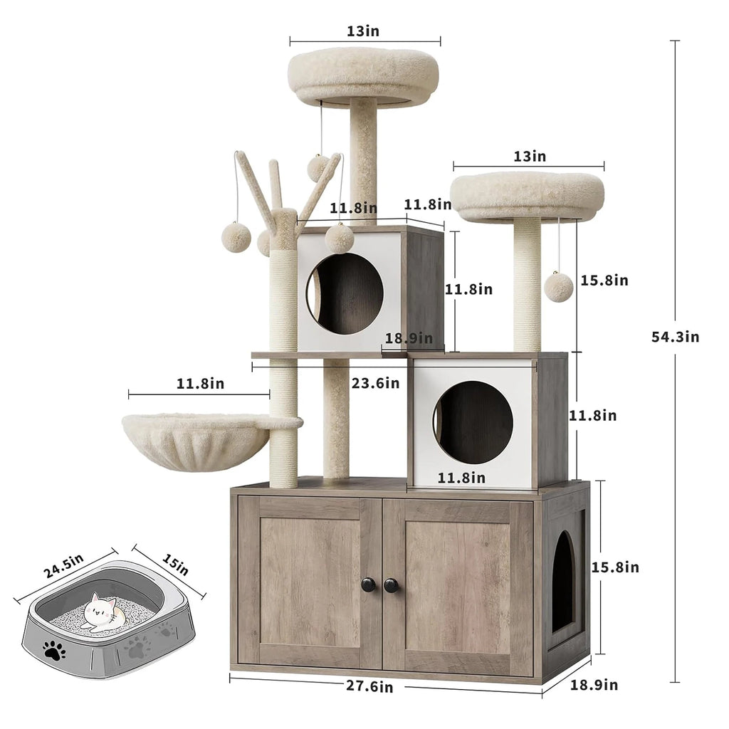 Litter Box Enclosure with Cat Tree Tower and Condo,Hidden Cat Washroom Furniture with Sisal Scratching Post & Soft Plush Perch