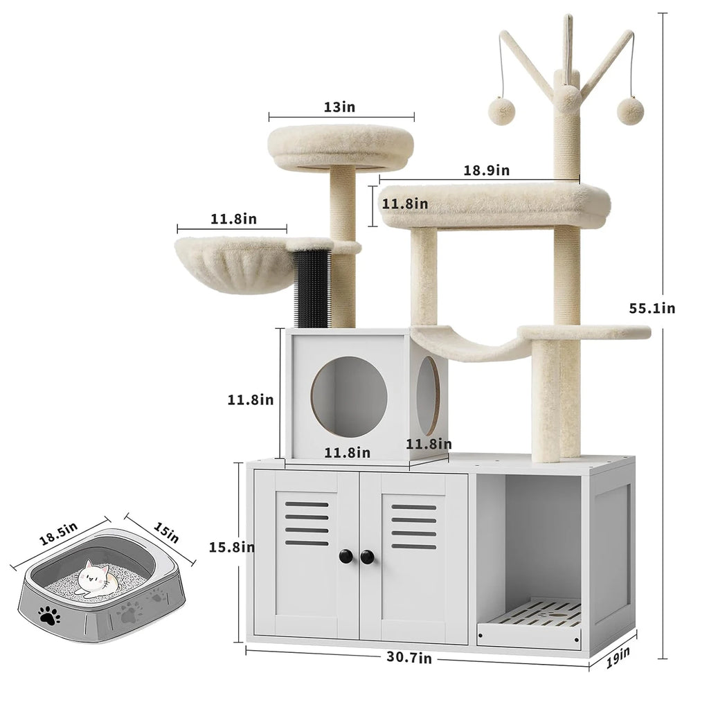 Litter Box Enclosure with Cat Tree Tower and Condo,Hidden Cat Washroom Furniture with Sisal Scratching Post & Soft Plush Perch