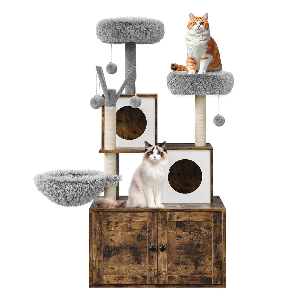 Litter Box Enclosure with Cat Tree Tower and Condo,Hidden Cat Washroom Furniture with Sisal Scratching Post & Soft Plush Perch