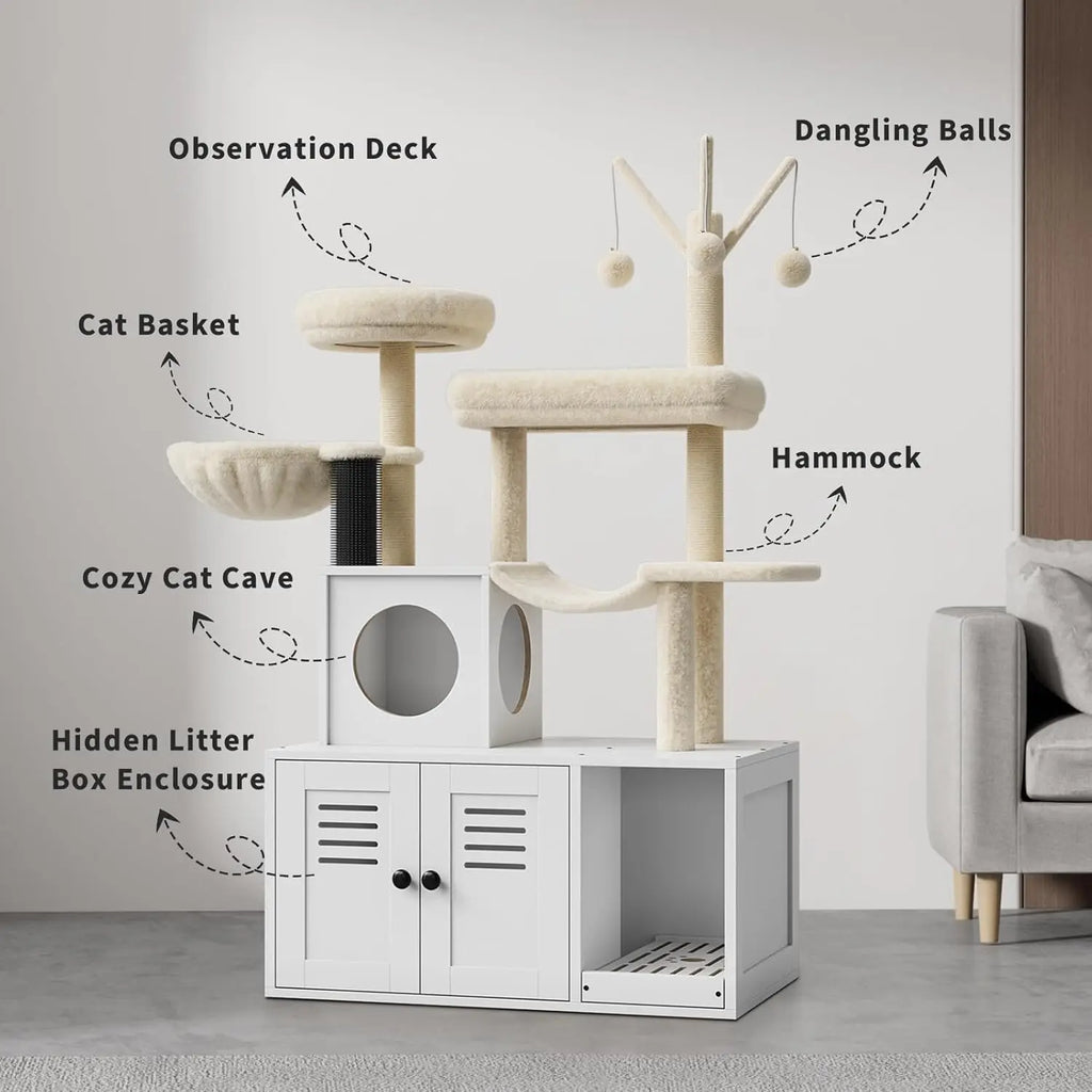 Litter Box Enclosure with Cat Tree Tower and Condo,Hidden Cat Washroom Furniture with Sisal Scratching Post & Soft Plush Perch