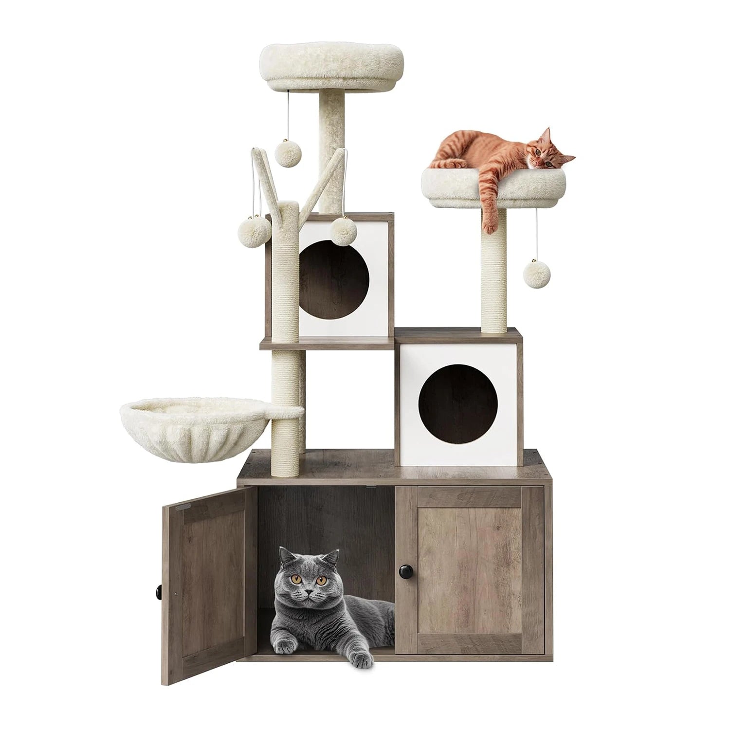 Litter Box Enclosure with Cat Tree Tower and Condo,Hidden Cat Washroom Furniture with Sisal Scratching Post & Soft Plush Perch