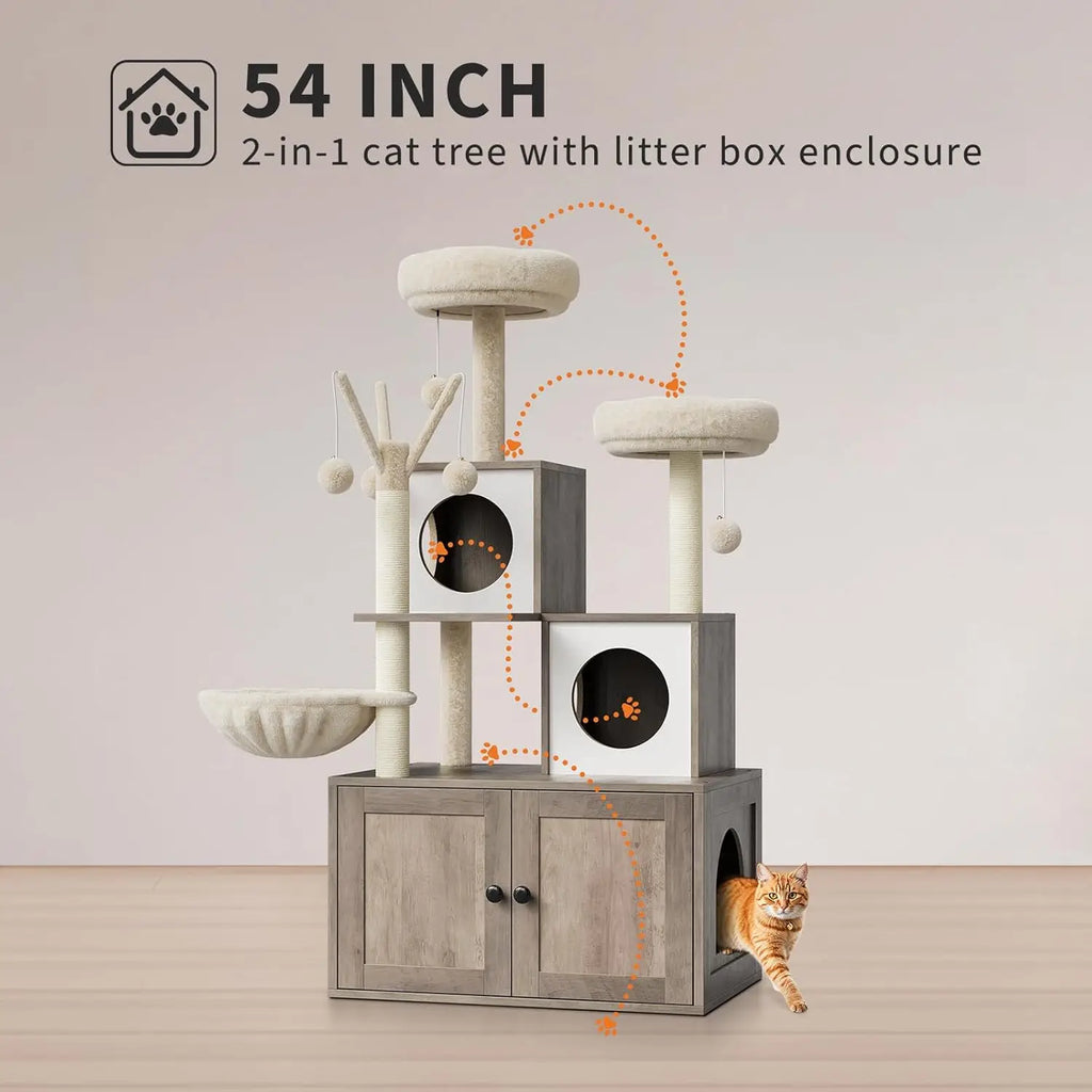 Litter Box Enclosure with Cat Tree Tower and Condo,Hidden Cat Washroom Furniture with Sisal Scratching Post & Soft Plush Perch