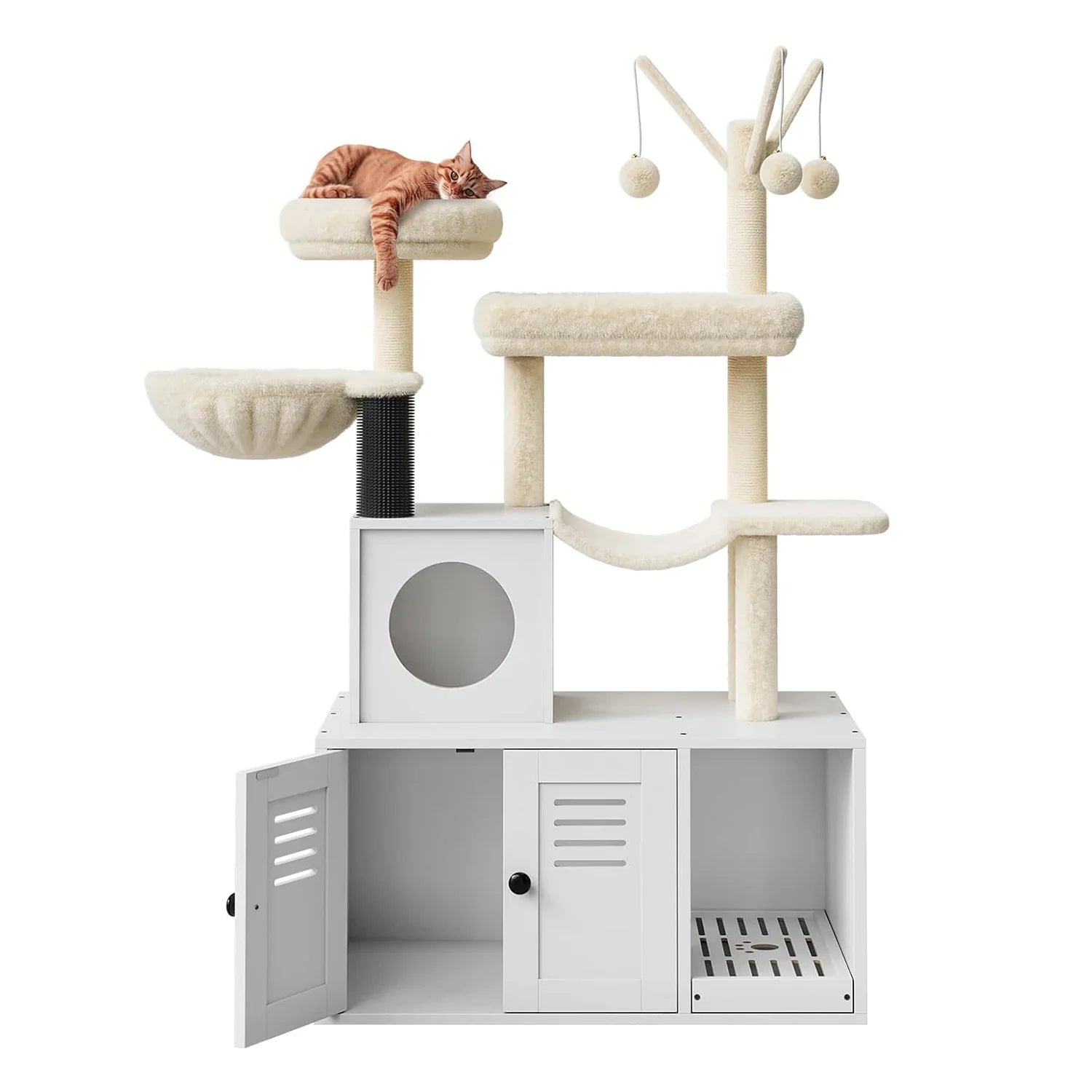 Litter Box Enclosure with Cat Tree Tower and Condo,Hidden Cat Washroom Furniture with Sisal Scratching Post & Soft Plush Perch
